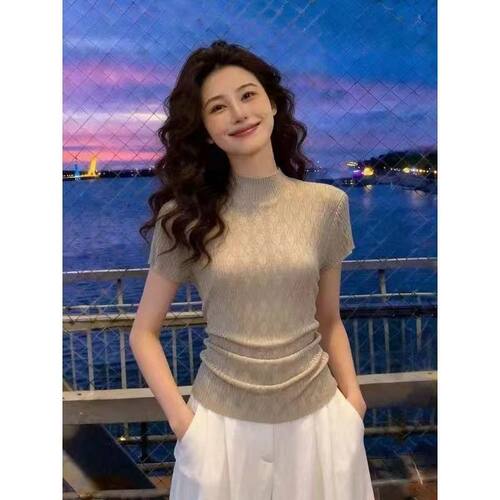 镂空半高领针织短袖t恤女夏2026新款老钱风慵懒纯色修身显瘦上衣