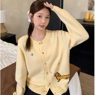 韩系黄色小狗卡通针织开衫女圆领扣子毛衣少女秋甜心软糯外穿上衣