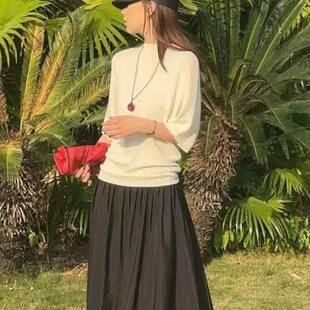 简约风圆领套头针织衫女2026夏季五分袖简约百搭修身显瘦时尚上衣