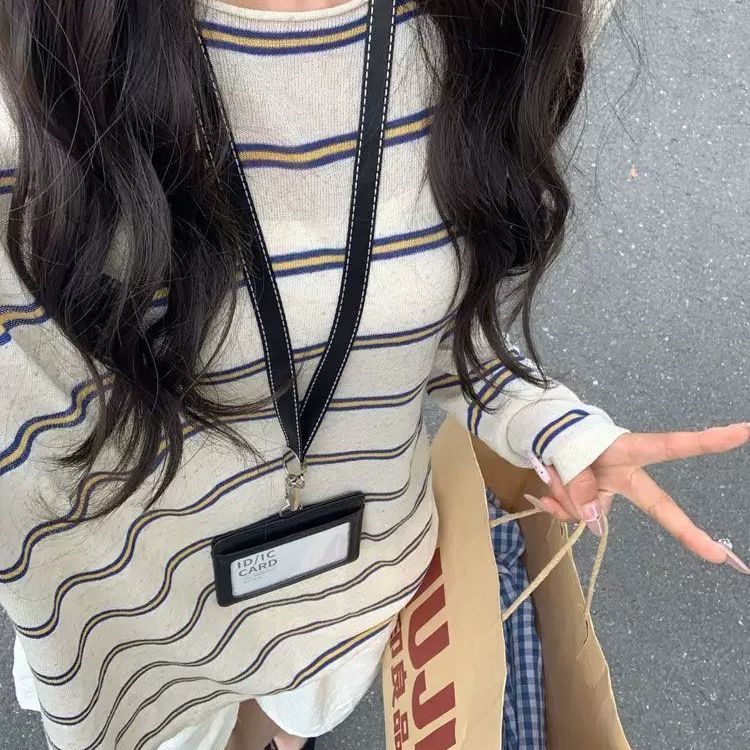 韩系圆领条纹冰丝针织长袖防晒罩衫女夏季设计感修身显瘦套头上衣