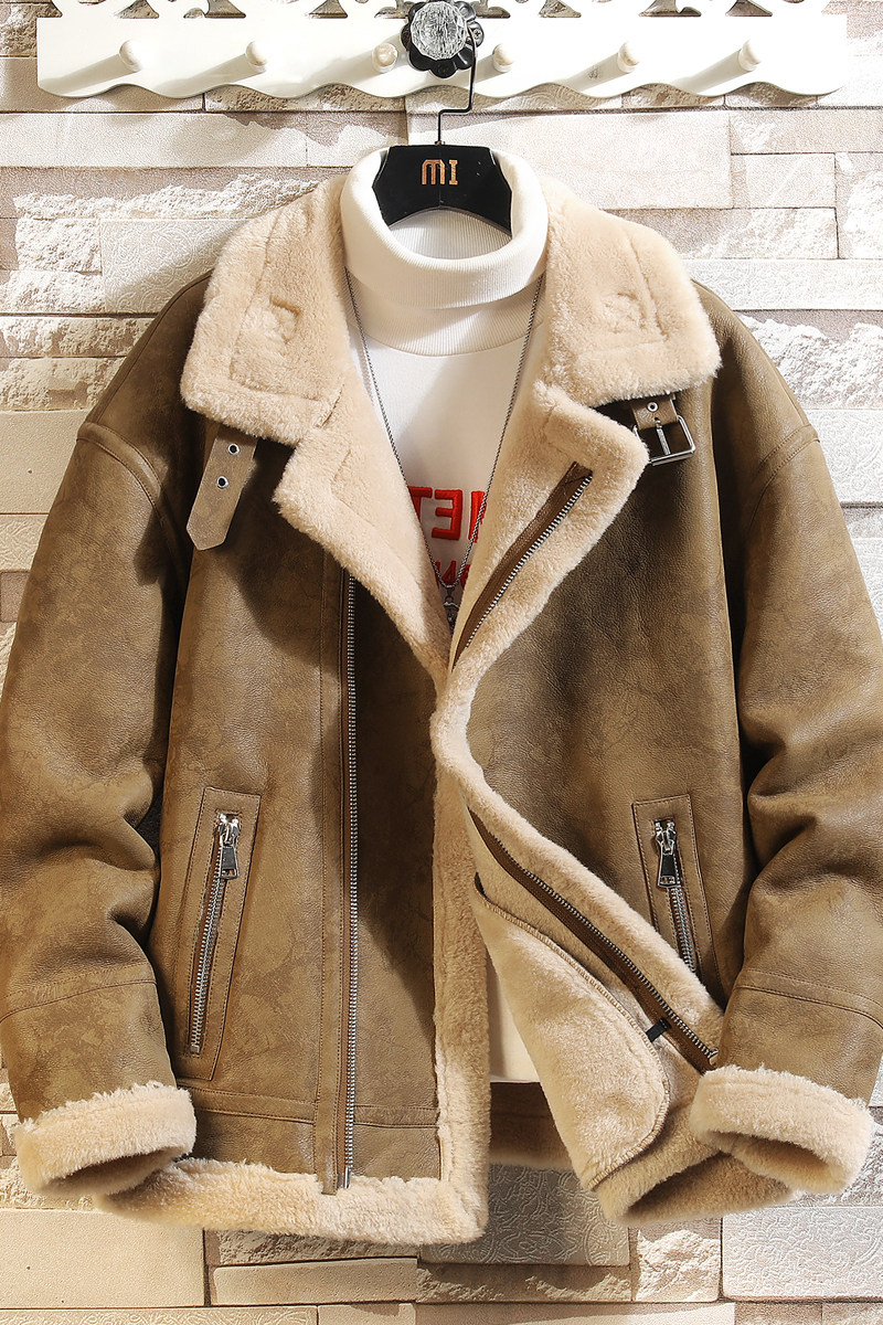 冬季皮毛一体外套男加绒加厚2024冬季新款机车服美式大码皮衣夹克,女装短外套,电商D308