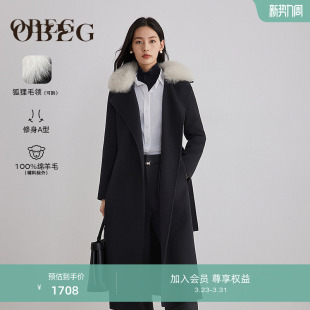 狐狸毛领OBEG欧碧倩羊毛双面呢黑色大衣冬中长款 外套50504535