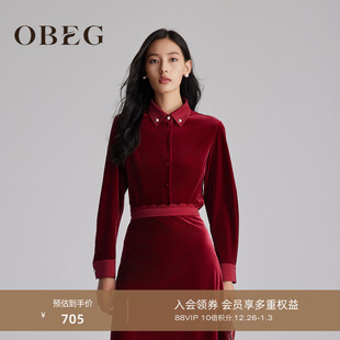 通勤穿搭上衣10484047 秋冬新款 OBEG欧碧倩复古风红色丝绒长袖 衬衫