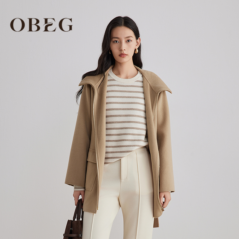 【商场同款】OBEG欧碧倩25冬双面呢连帽休闲羊毛束腰大衣10504043