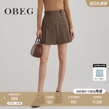 OBEG欧碧倩复古格纹高腰短裤休闲宽松女秋季英伦风阔腿裤10483061