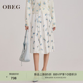 OBEG欧碧倩轻中式 春日艺术印花半身裙浪漫复古百褶中长裙10501058