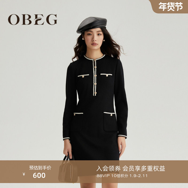 OBEG欧碧倩冬法式小香风收腰针织连衣裙气质裙子10464068