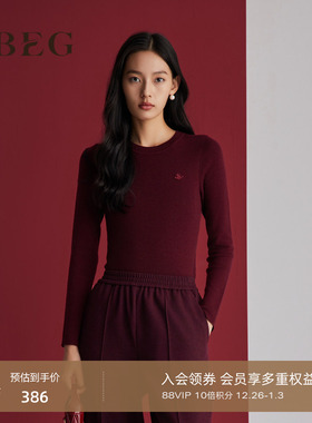 OBEG欧碧倩红色圆领羊毛衫女简约基础打底针织衫三色可选10484025