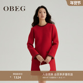 OBEG欧碧倩法式 香风连衣裙女冬华夫格氛围感红色裙子10464169