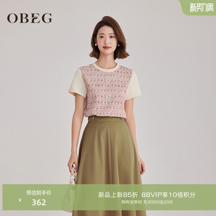 OBEG欧碧倩国风红色印花棉质短袖 T恤女春设计感圆领上衣10501033