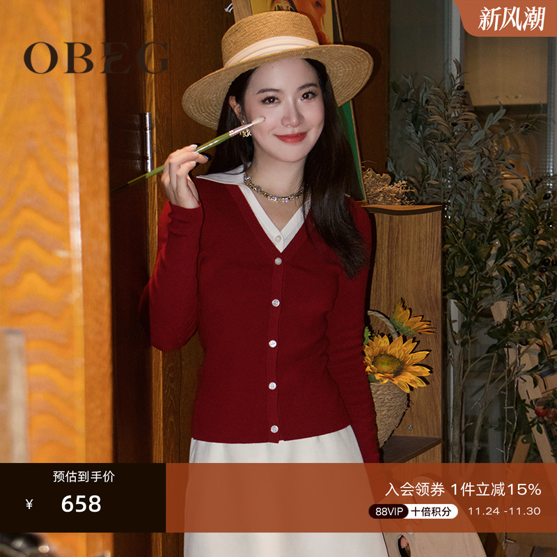 obeg欧碧倩假两件毛织开衫