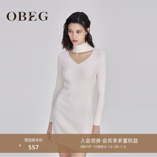 10444144 款 OBEG欧碧倩纯欲风修身 镂空高领针织羊毛连衣裙冬季