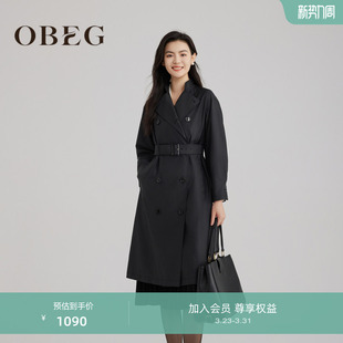 OBEG欧碧倩黑色双排扣老钱法式 10483055 中长风衣外套女高级感秋季