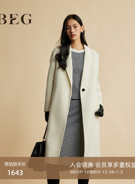 OBEG欧碧倩白色西装领羊绒大衣中长款简约羊毛双面呢外套10484069