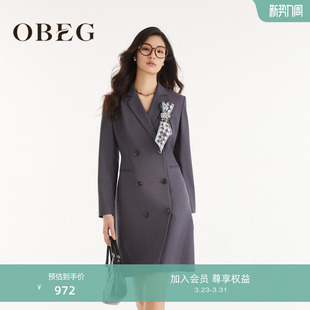 OBEG欧碧倩长袖 连衣裙女春秋职业通勤精纺羊毛裙10463034 西装