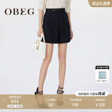 OBEG欧碧倩夏季a字黑色宽松阔腿裤垂坠感高腰休闲短裤女10482026