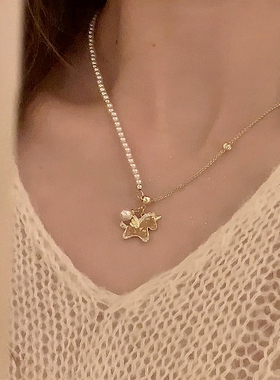 冬日轻奢本命年百搭款渐变锆石小马珍珠项链不对称设计精致气质女