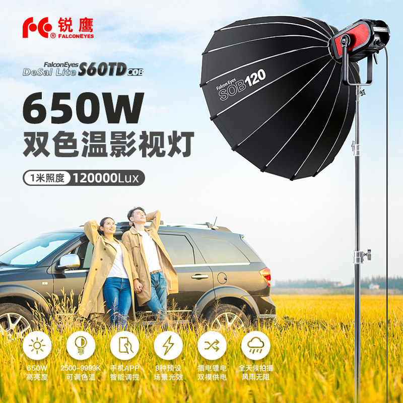锐鹰S60TD双色温650W大功率可调节影视补光灯户外视频保荣口摄影摄像影棚灯APP蓝牙led外拍防雨常亮补光灯