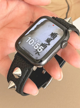 高级感荔枝纹皮革金属iwatch表带S10适用applewatch苹果SE手表789