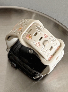 雕刻拼色玫瑰花硅胶iwatch表带S10适用苹果SE手表新款789女款小众