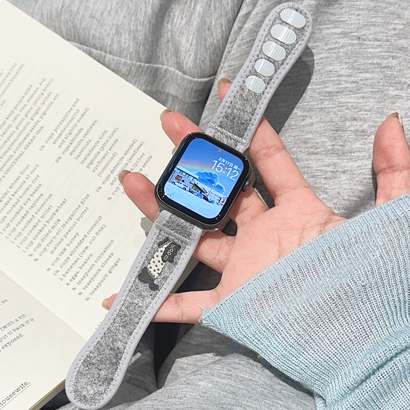 毛呢小狗魔术贴iwatch表带S10适用苹果SE手表新款9女款applewatch