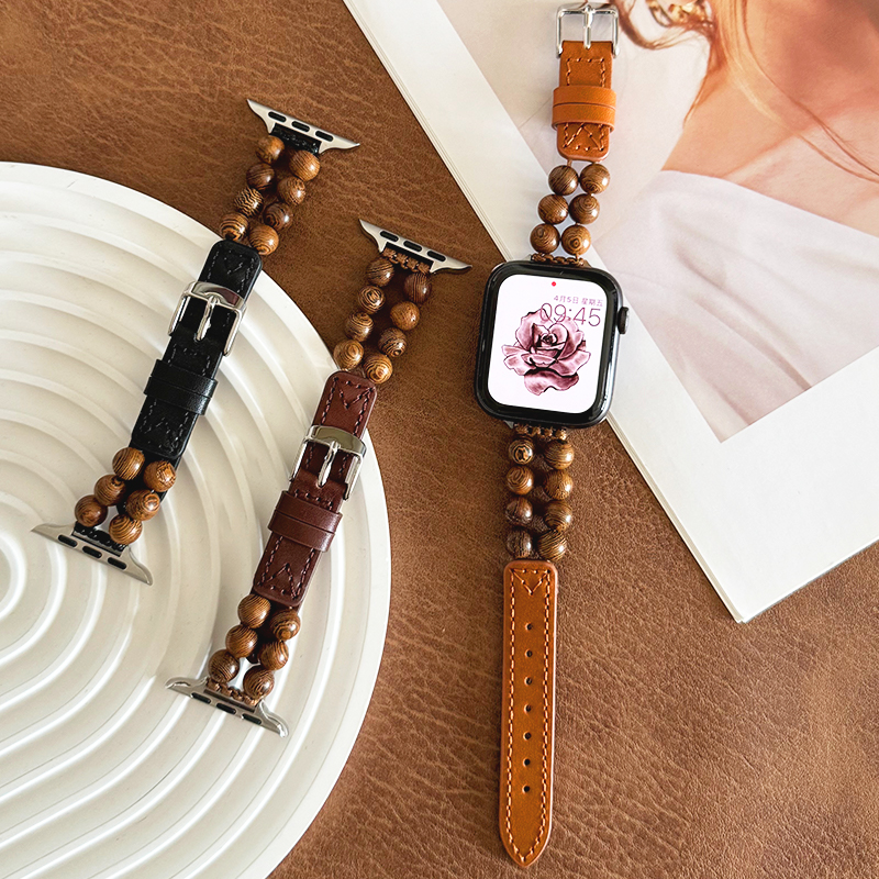 真皮木珠链条民族风iwatch表带se适用applewatch苹果s9手表s8小众