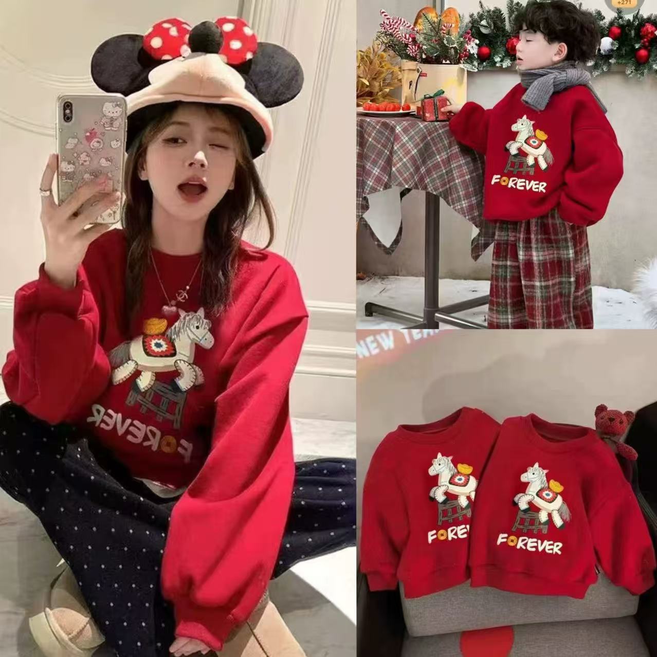 圣诞节过年亲子装一家三口母女加绒加厚字母小马卫衣新年拜年服潮