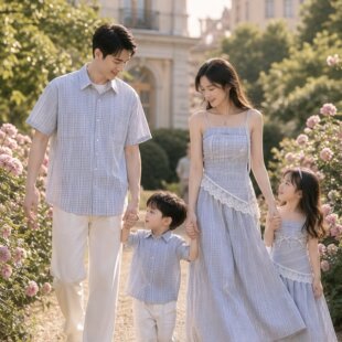 亲子套装多巴胺小洋裙纯棉新款海边夏季公主连衣裙格子衬衫情侣装