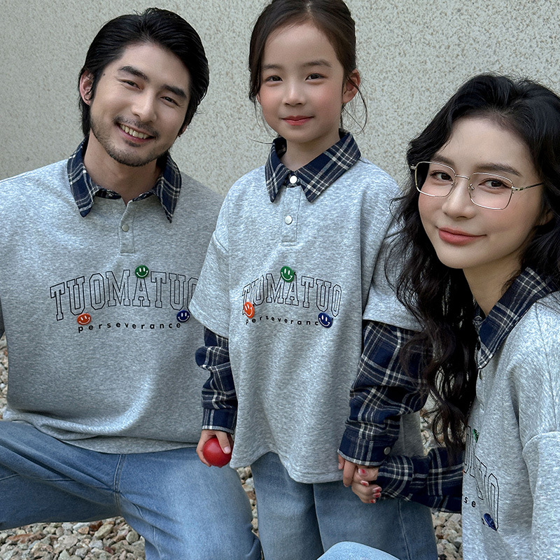 2025新款韩版秋装亲子装假两件套头衫学院风格子袖休闲家庭装上衣