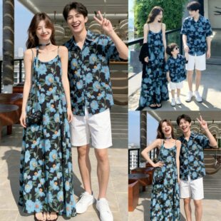 海边度假亲子装夏季短袖衬衫一家三口出游洋派碎花母女吊带洋装