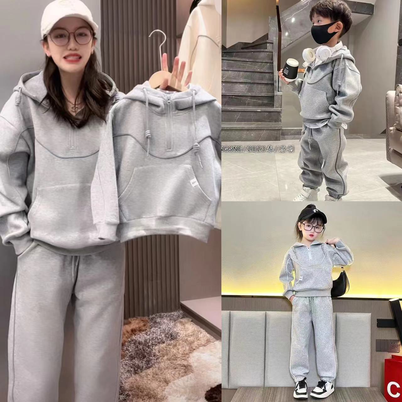 网红亲子装2023秋新款一家三口连帽卫衣母子母女运动服套装幼儿园
