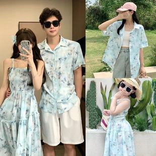 海边亲子装一家三口夏威夷沙滩衬衫港风母子母女装连衣裙雪纺