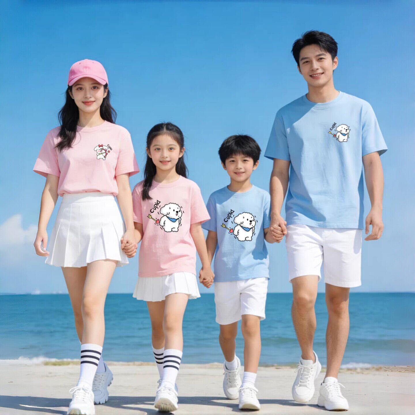 海边亲子装夏装一家三口全家装t恤出游度假糖果色短袖纯棉洋气潮