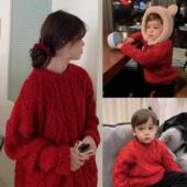 全家福亲子装 圣诞 2026年红色毛衣影楼过年新年一家三口母子母女装