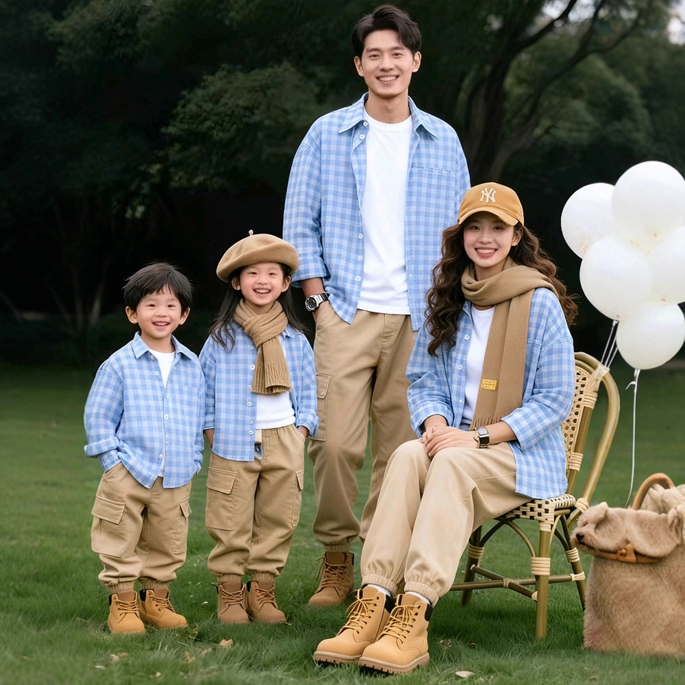 网红炸街新款格子衬衫亲子装一家三口港味复古宽松慵懒风长袖衬衣