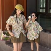 衬衣2025新款 海边母子母女装 夏季 衬衫 一家三口短袖 复古港风亲子装