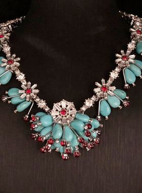 vintage中古重工设计时尚饰品绿松石莱茵石镶嵌优雅气质精致项链