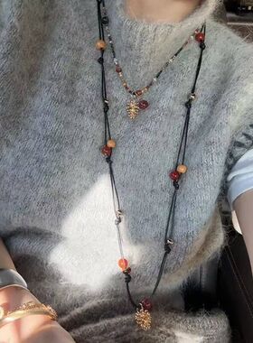 吴昕同款彩色天然石睡觉串珠双层叠戴锁骨链编织长项链秋冬毛衣链