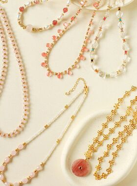 欧美樱花系列粉水晶水滴项链女高级感草莓晶珍珠叠搭锁骨链跨境