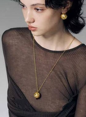 现货编织空心网状圆球磨砂雾长项链面肌理叠戴项链小众轻奢项链