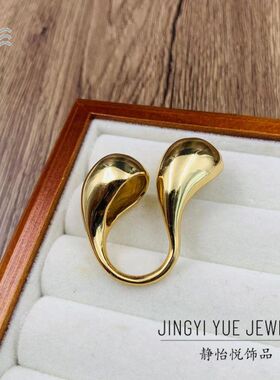 中古vintage小众设计感简约戒指 双水滴镜面开口戒指 冷淡风手饰