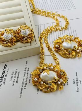 中古vintage花朵套装电镀真金立体雕花珍珠花朵项链套装