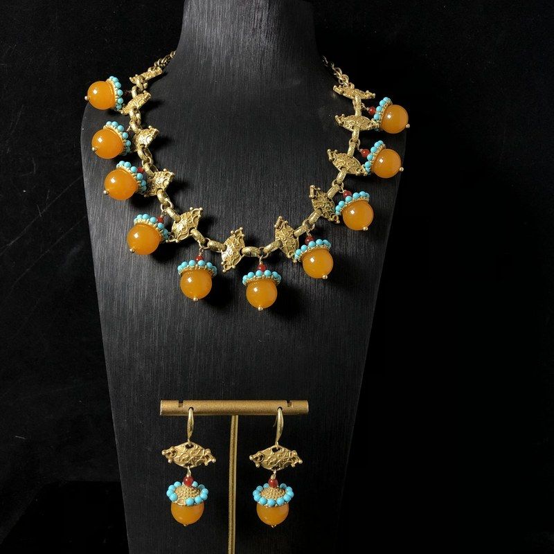 欧美经典水滴形石头吊坠镶钻复古短款项链女士毛衣链配饰气质耳钉