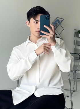高级休闲免烫冰丝雪纺黑白衬衫男长袖韩版宽松潮流帅气港风衬衣男