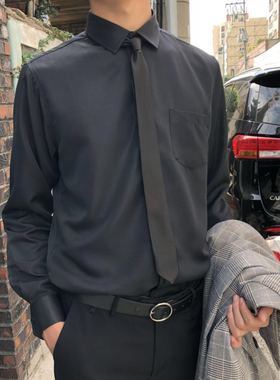 新款春夏修身潮男衬衫帅气纯黑商务衬衫男休闲方领网红纯色衬衣