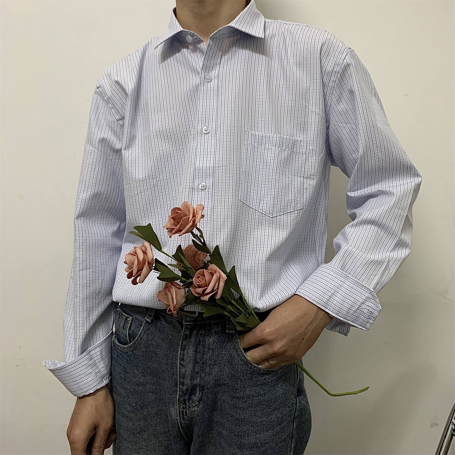 春季免烫新款浅蓝色隐格子长袖衬衫男韩版宽松方领修身商务衬衣潮