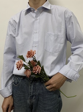 春季免烫新款浅蓝色隐格子长袖衬衫男韩版宽松方领修身商务衬衣潮