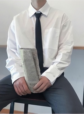 领带休闲日系衬衫港风衬衣宽松ins同款纯色百搭学院风白色衬衣男