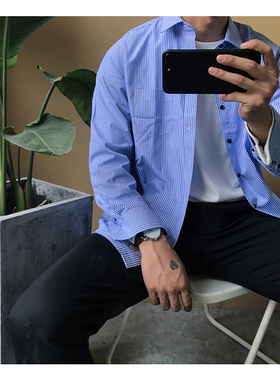 LLUO 韩国经典条纹男衬衫蓝白条纹衬衫韩国BF东大门百搭修身衬衣