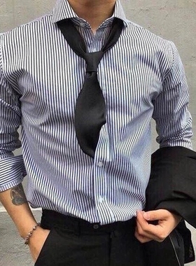 罗同学 韩国复古双条纹修身方领衬衫百搭夏季男士衬衣男潮
